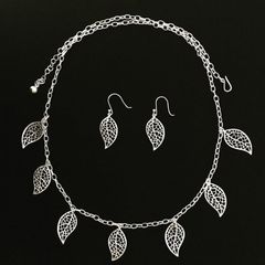 Premium .950 Solid Silver Delicate Filigree Leaf Necklace & Earring Set
