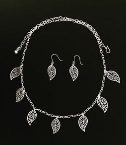 Premium .950 Solid Silver Delicate Filigree Leaf Necklace & Earring Set