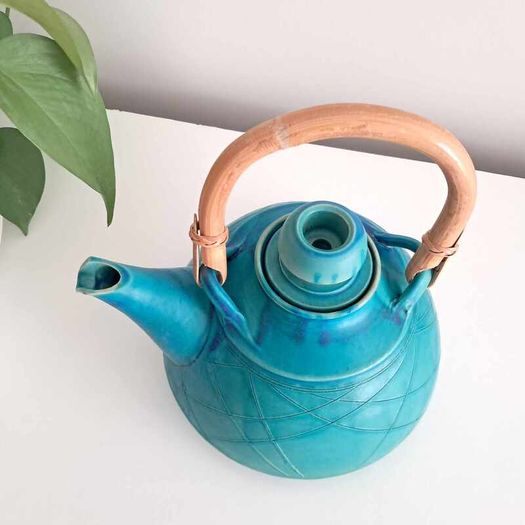 Turquoise Rustic Stoneware - Pottery Teapot With Bamboo Handle