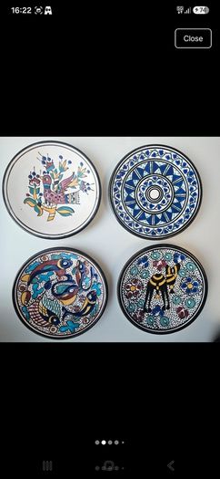 Vintage Tunisian ceramic wall plates set of 4 hand painted Nabeul pottery colorful Mediterranean