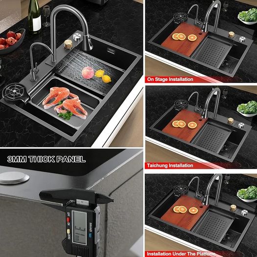 New Stainless Steel Waterfall Sink - Drop In Single Bowl Workstation Sink With Cup Washer (Black, 75x46cm)