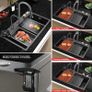 New Stainless Steel Waterfall Sink - Drop In Single Bowl Workstation Sink With Cup Washer (Black, 75x46cm) Image 5