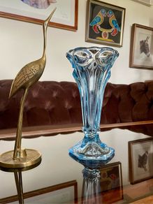 Vintage Art Deco Light Blue Pressed Glass Trumpet Vase made in Czechoslovakia 1930s