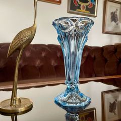 Vintage Art Deco Light Blue Pressed Glass Trumpet Vase made in Czechoslovakia 1930s