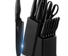 Brand New 15-Piece Stainless Steel Knife Set with Block - Black