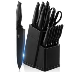 Brand New 15-Piece Stainless Steel Knife Set with Block - Black