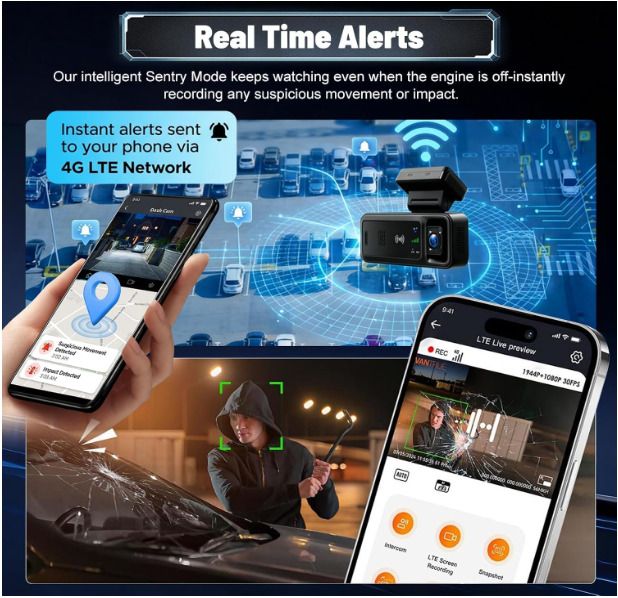 4G LTE Dash Cam with Live Remote Viewing, 1080P Dual Car Security Camera (Front and Cabin)