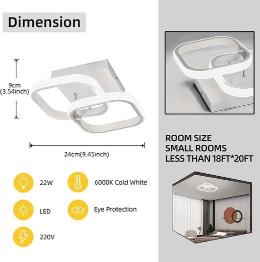 Ceiling Light Modern 22W LED Cool White 6000K Acrylic Square LED Ceiling Lamp for Hallway Office Bedroom Kitchen Living Room Ceiling Light (FREE SHIPPING)