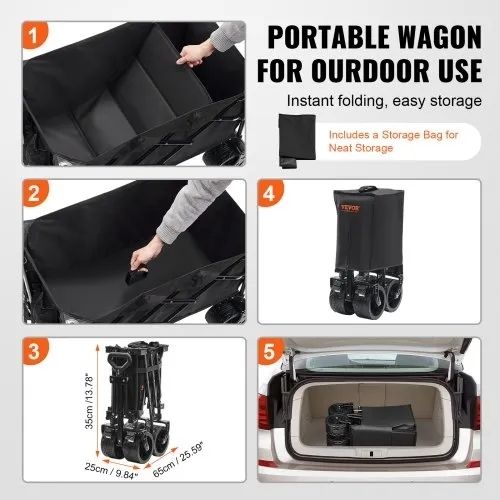 Collapsible Folding Wagon, 220 L Beach Wagon Cart with All-Terrain Wheels, Heavy Duty Folding Wagon Cart Max 330 lbs with Drink Holders, Sports Wagon for Camping, Shopping, Garden