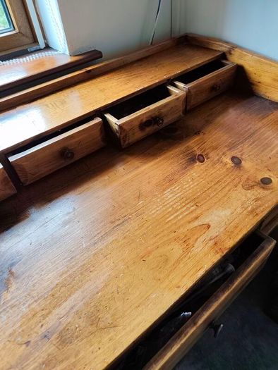 Large Vintage Solid Wood Pine Desk with Multiple Drawers