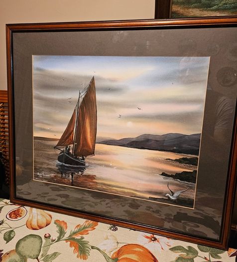 Original Painting , Watercolour by Helen Mulkerns (1996) - Galway Hooker at Sunset