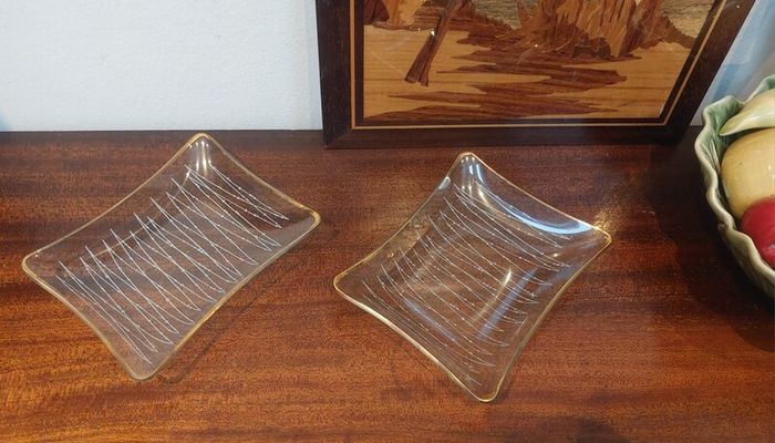 intage Retro Mid Century Modern Atomic Design Chance Brothers Fiestaware Set of Two Small Rectangular Dishes with Gilt Edging in the Very Rare Night Sky Pattern from 1957