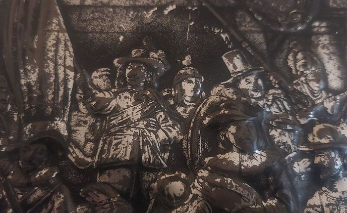 Fabulous Rembrandt's The Night Watch Vintage Hinged Biscuit Tin with a Raised Relief Reproduction of the Famous Painting, Attributed to the Victoria Biscuit Company of Holland