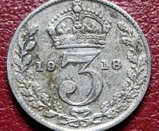 1918 United Kingdom 3 Pence - George V sterling silver coin