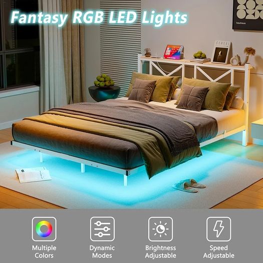 King Size Floating Bed Frame with LED Lights and Charging Station, Metal Platform Bed Frame King Size with Wooden Storage Headboard White and OAK