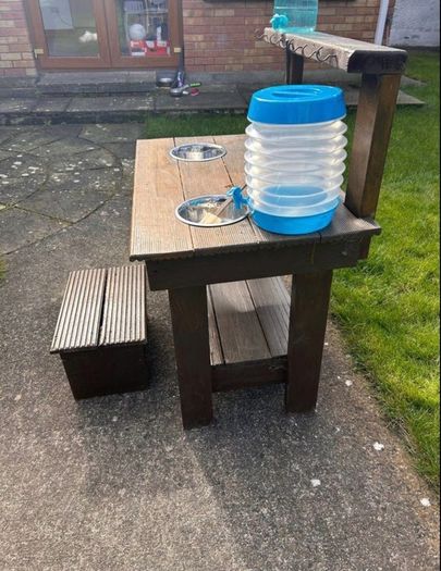 Hand made solid timber mud kitchen with stool with accessories