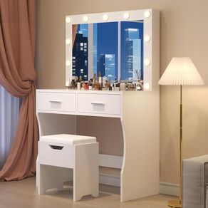 Dressing Table with Lighting and Stool, 90 x 40 cm Dressing Table with Large Mirror and 11 LED Lamps, Adjustable Brightness, 2 Drawers, Modern Cosmetic Table, White