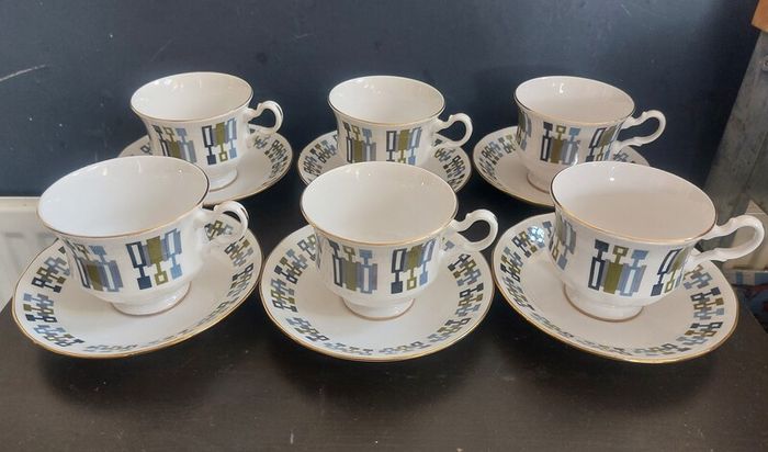 Fabulous Vintage China Set of Six Duos by Royal Kent Bone China in a Cool Vintage Retro Abstract 70s Pattern