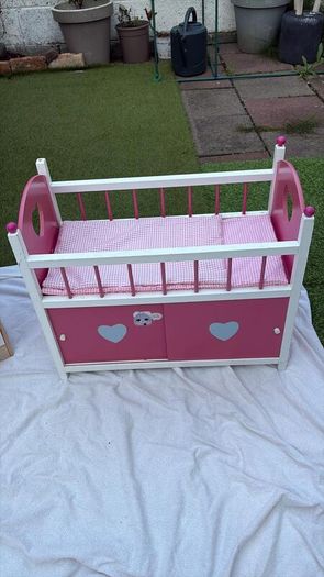 Wooden Dolls Wardrobe and Cot with Bedding and Storage