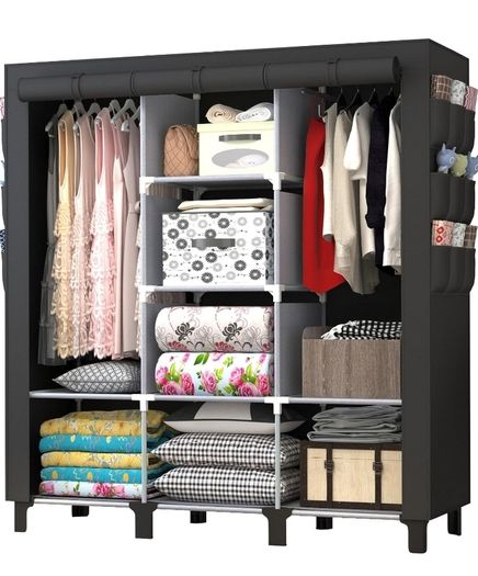 Portable Closet with 2 Hanging Rails & 8 Shelves, Bedroom Wardrobe with 18 Side Pockets, Foldable Garment Organiser (Black