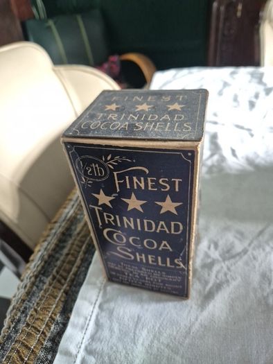 Antique Vintage Trindad cocoa shells cardboard packaging with product