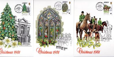 1981 Jersey Christmas Commemorative Stamps  Post Office Card/ Maximum Cards tied with set of stamps of first day of issue