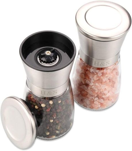 Salt and Pepper Grinder Mill Set Salt and Pepper Shakers Brushed Stainless Steel Glass Body