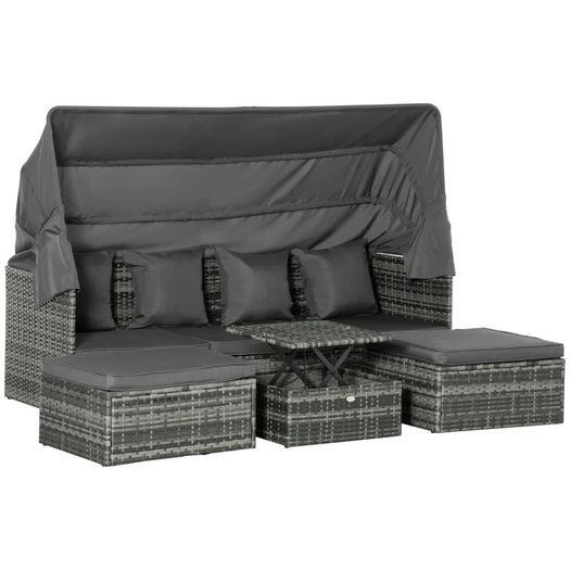 4 Piece Outdoor Rattan Wicker Sofa Set Adjustable Conopy & Coffee Table Sectional Patio Conversation Furniture Set w/ Cushions Grey (FREE POSTAGE)