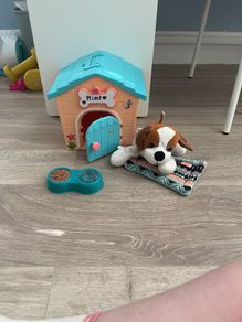 Cute stuffed dog and dog house