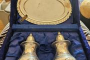 Vintage Silver Plated Salt Pepper with Tray Set