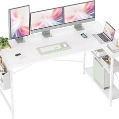 L Shaped Corner Desk - 140x70 cm Study Office Gaming Desk, Computer Desk Small Writing Table, Large Reversible Storage Shelves, Bookshelf Workstation for Study Play Work Home Office, White