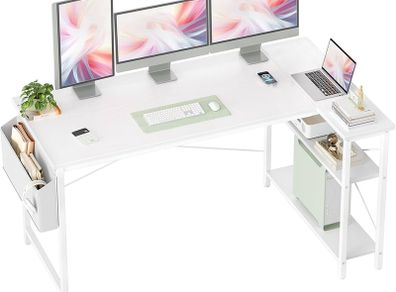 L Shaped Corner Desk - 140x70 cm Study Office Gaming Desk, Computer Desk Small Writing Table, Large Reversible Storage Shelves, Bookshelf Workstation for Study Play Work Home Office, White