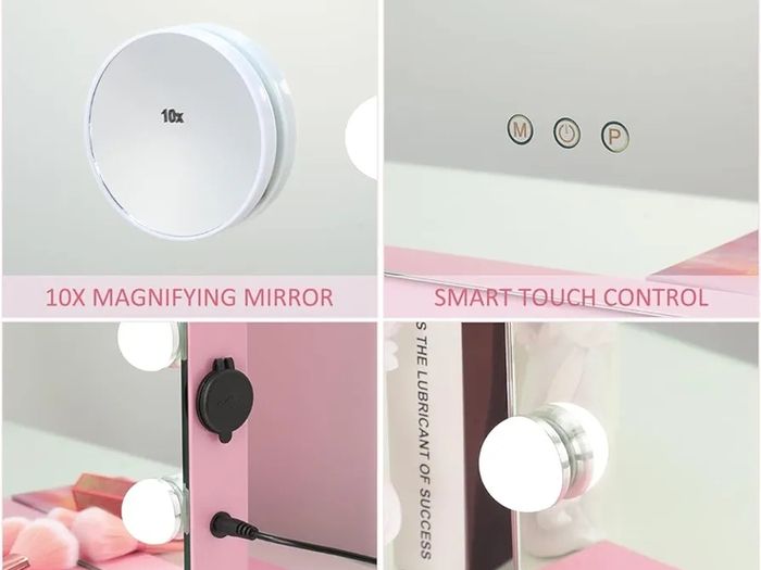 Hollywood Make-Up Mirror with Lights, Hollywood Makeup Mirror with 15 Dimmable Bulbs, Touchscreen Mirror with USB Table Top Mirror with 3 Colour Modes, Removable 10 x Magnifying Glass, Pink