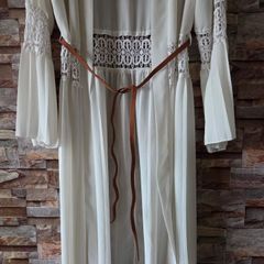 White crochet and pleated beach cover-up dress with a brown belt. Size 10