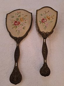 Vintage tappestry backed brush and mirror