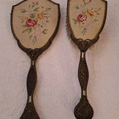 Vintage tappestry backed brush and mirror