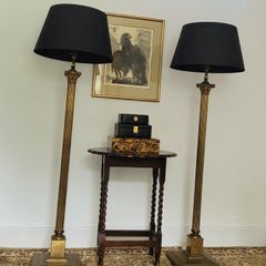 Mid-century pair of brass corinthian column standard lamps