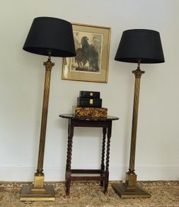 Mid-century pair of brass corinthian column standard lamps