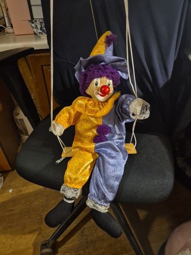 Rare Find: Vintage Porcelain Face Marionette Clown  on a Swing. Puppet
