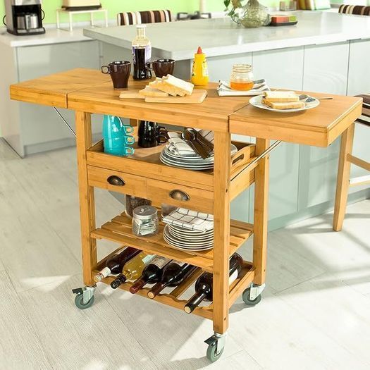 Kitchen Trolley With Expandable Work Surface Bamboo