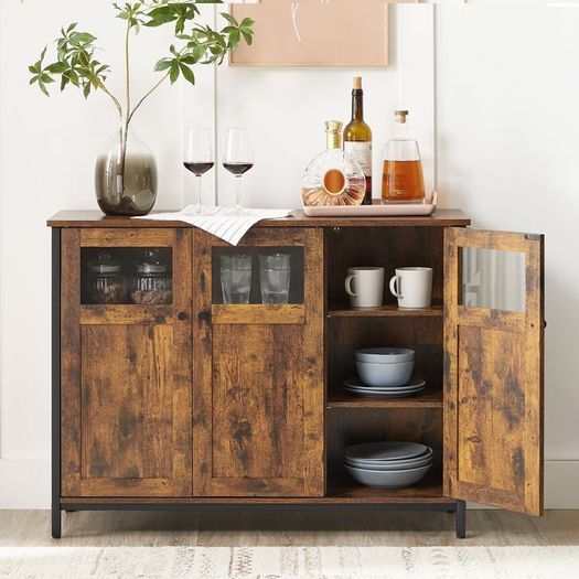 Sideboard vintage brown-black  sideboard, kitchen cabinet, storage cabinet, with glass doors, for living room, kitchen, dining room, steel frame, industrial style, vintage brown-black
