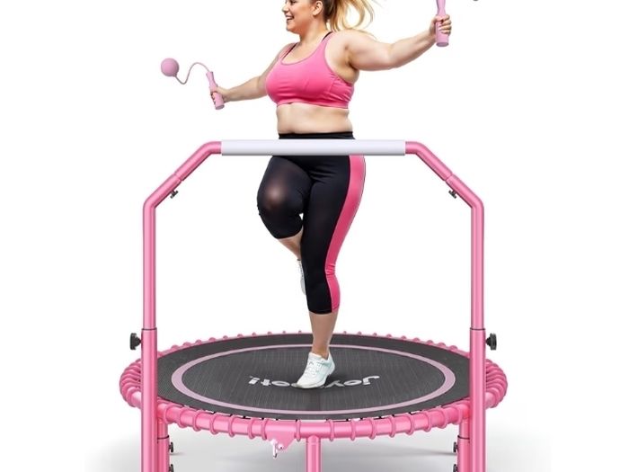 450 LBS Foldable Mini Trampoline for Adults, 40 inch Indoor Fitness Rebounder with U-Shape Adjustable Foam Handle, Quiet Bungee Jump System & Cordless Jump Ropes