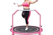450 LBS Foldable Mini Trampoline for Adults, 40 inch Indoor Fitness Rebounder with U-Shape Adjustable Foam Handle, Quiet Bungee Jump System &amp; Cordless Jump Ropes