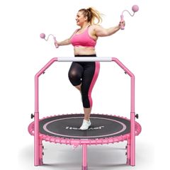 450 LBS Foldable Mini Trampoline for Adults, 40 inch Indoor Fitness Rebounder with U-Shape Adjustable Foam Handle, Quiet Bungee Jump System & Cordless Jump Ropes