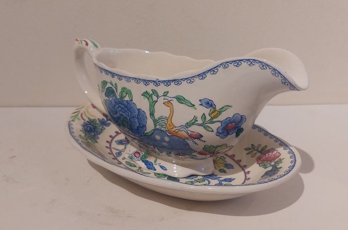 Beautiful Vintage Masons Ironstone Gravy Boat and Matching Underplate in the Regency Pattern, Circa 1940