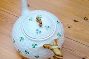 Vintage Belleek Ireland Shamrock Teapot, Woven Porcelain
