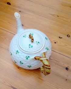 Vintage Belleek Ireland Shamrock Teapot, Woven Porcelain