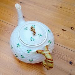 Vintage Belleek Ireland Shamrock Teapot, Woven Porcelain
