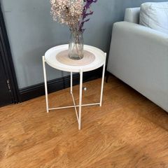 White metal tray side table
