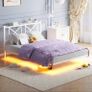 4ft6 Double Floating Bed Frame with LED Lights and Charging Station, Metal Platform Bed Frame Double Bed with Wooden Storage Headboard Under-bed Storage No Box Spring Needed White and OAK Image 6